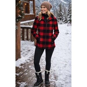 Buffalo Plaid Wool Jacket 8 Red Black Zip Front Fitted Lodge Winter Cabincore